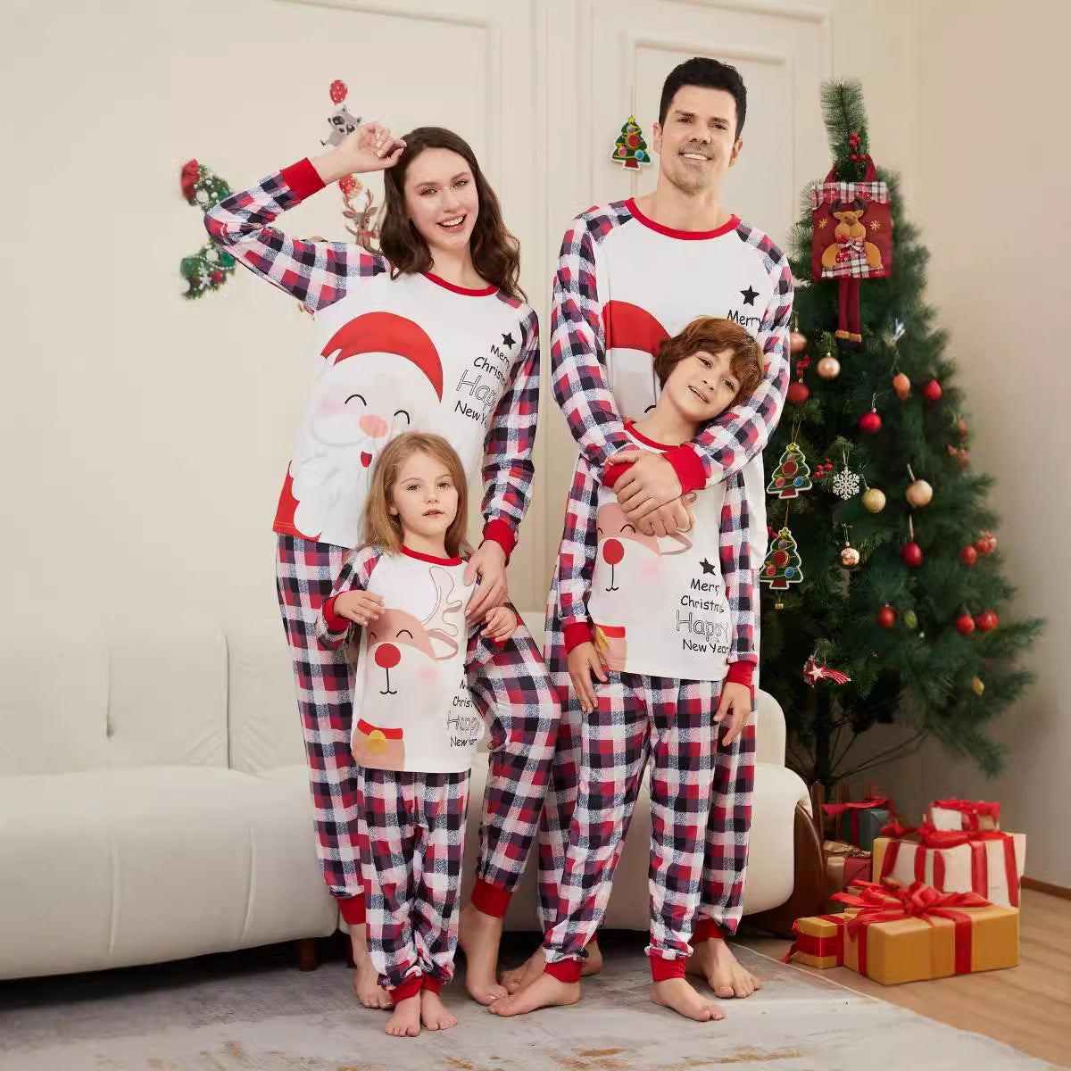 Christmas Santa Claus Deer Letter Plaid Printed Family Matching Pajamas
