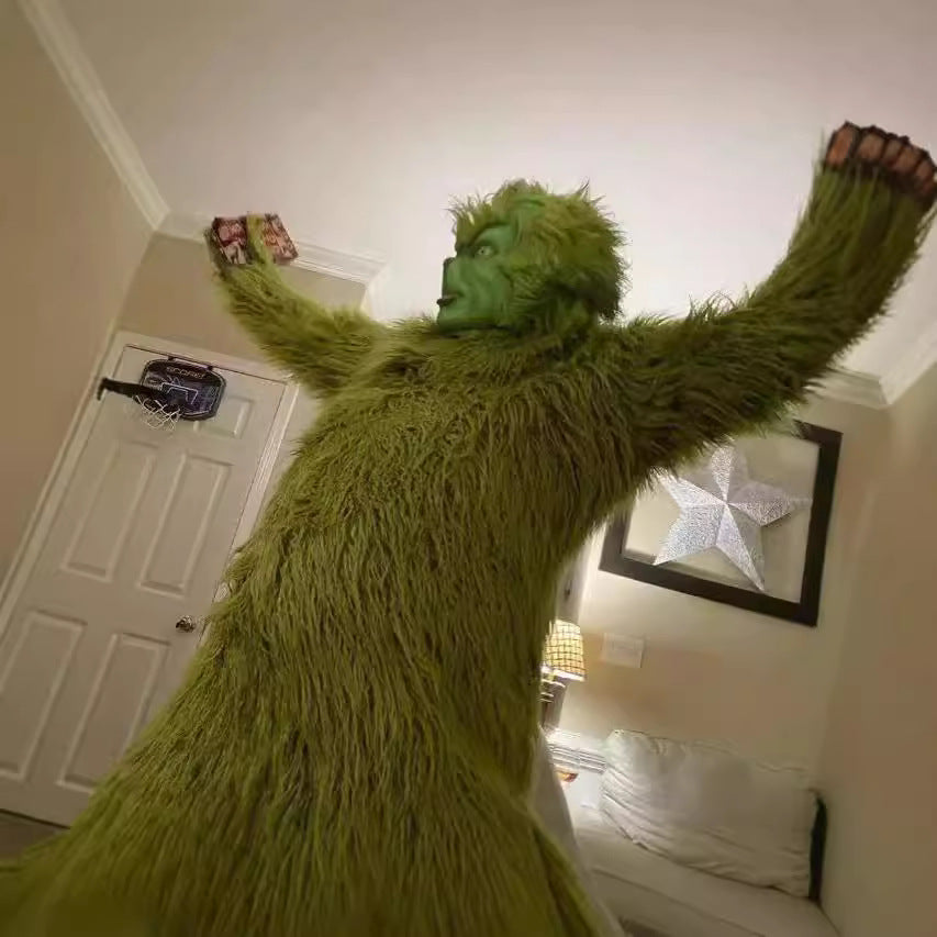 Halloween Green Monster Grinch Cosplay Costume Santa Claus with Furry Pants Outfit Role Play Clothing Wholesale