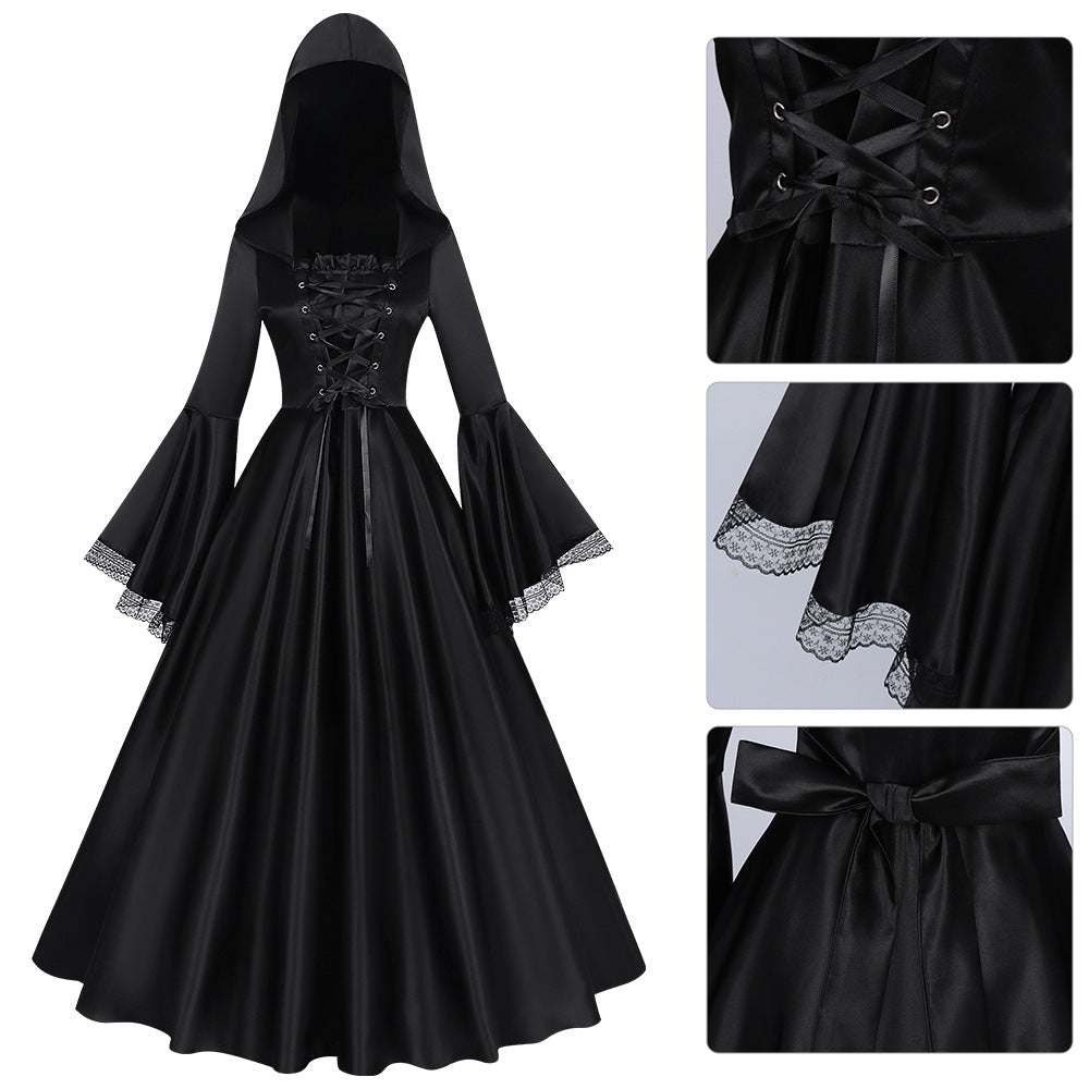 Gothic Medieval Witch Hooded Dress for Women, costume photo