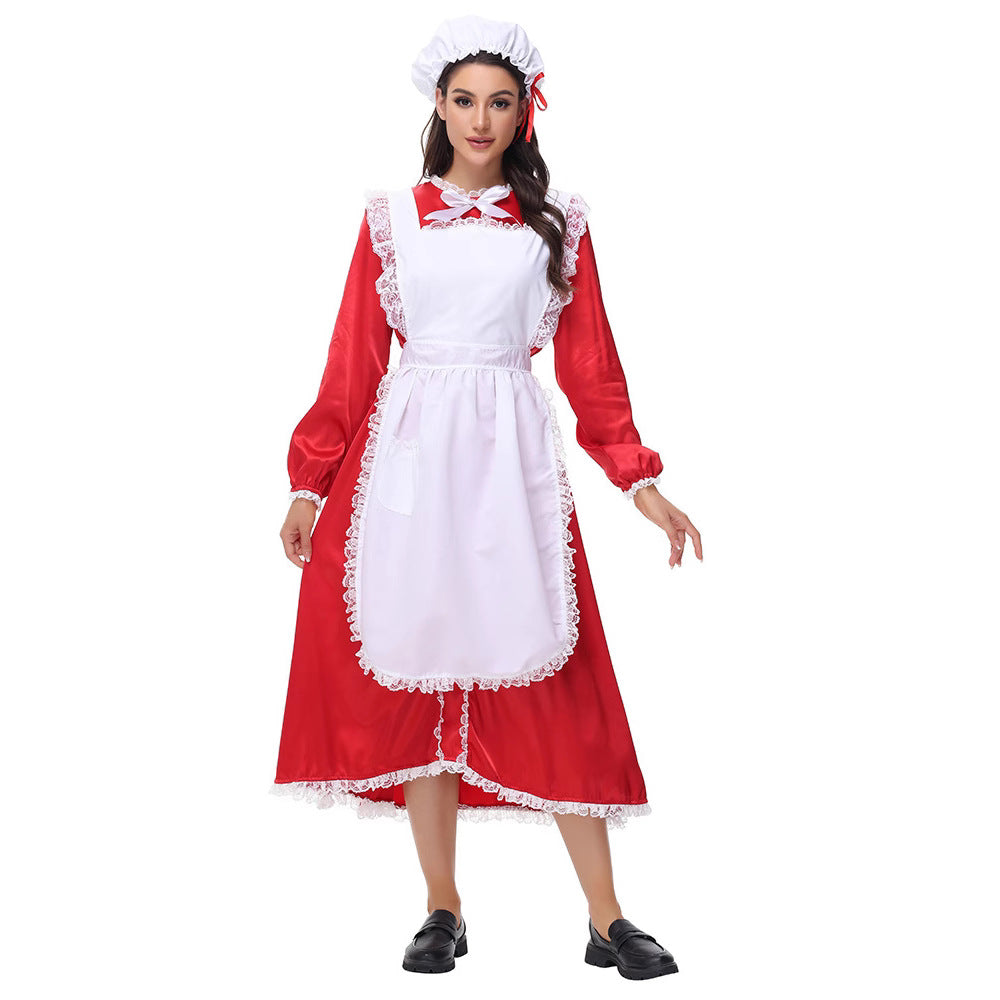 Christmas Maid Costume Women Red Long Dress Holiday Cosplay