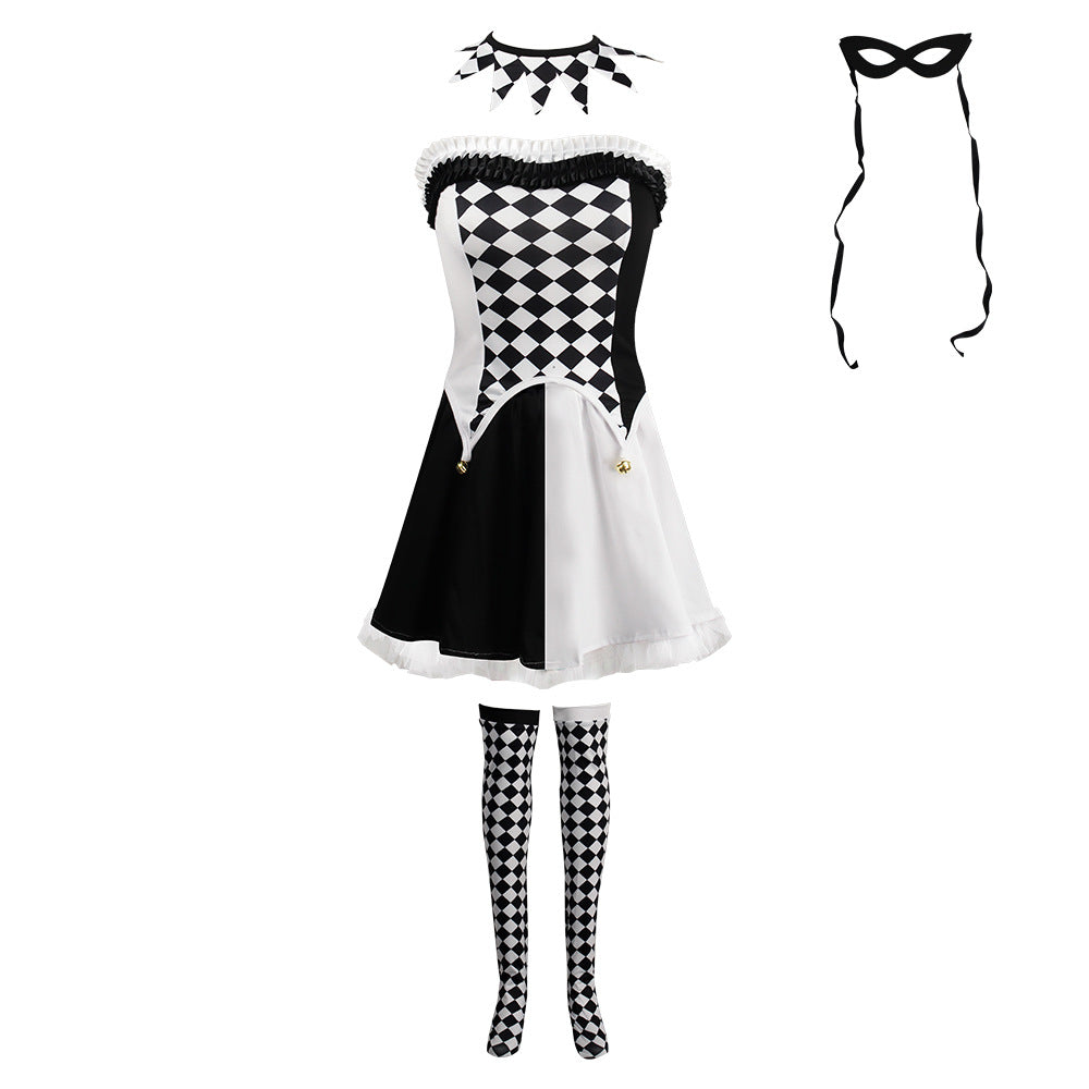Vampire Clown Devil Costume for Women, front view on a white background