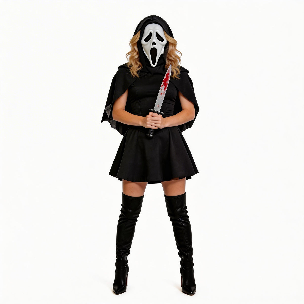 Ghost Face Horror Costume for Women, front view on a white background