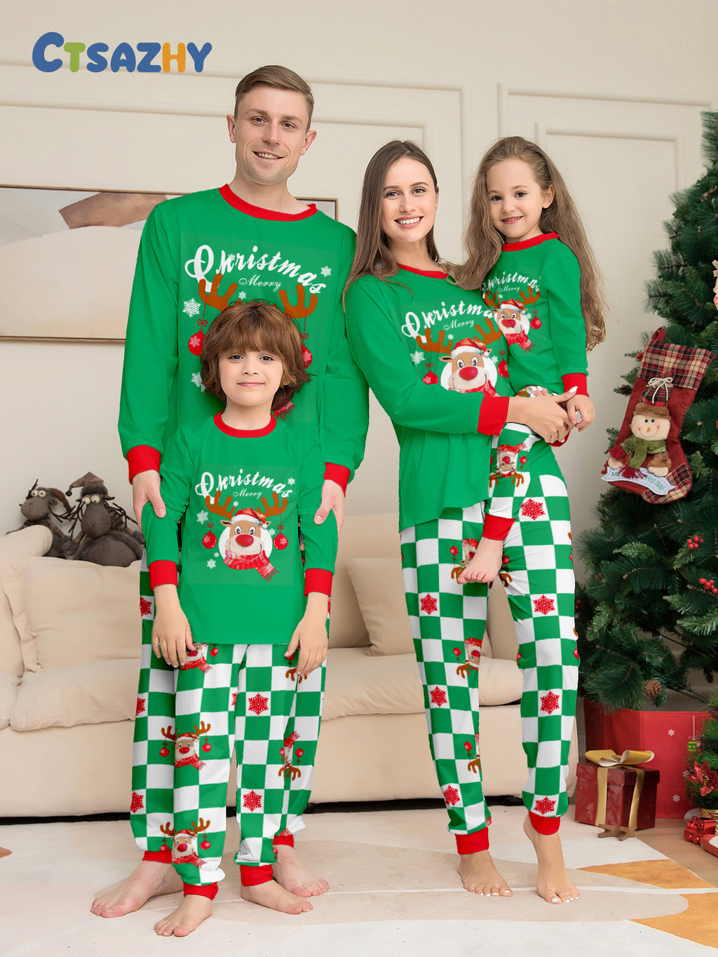 Christmas Deer Letter Plaid Matching Family Pajamas Sleepwear