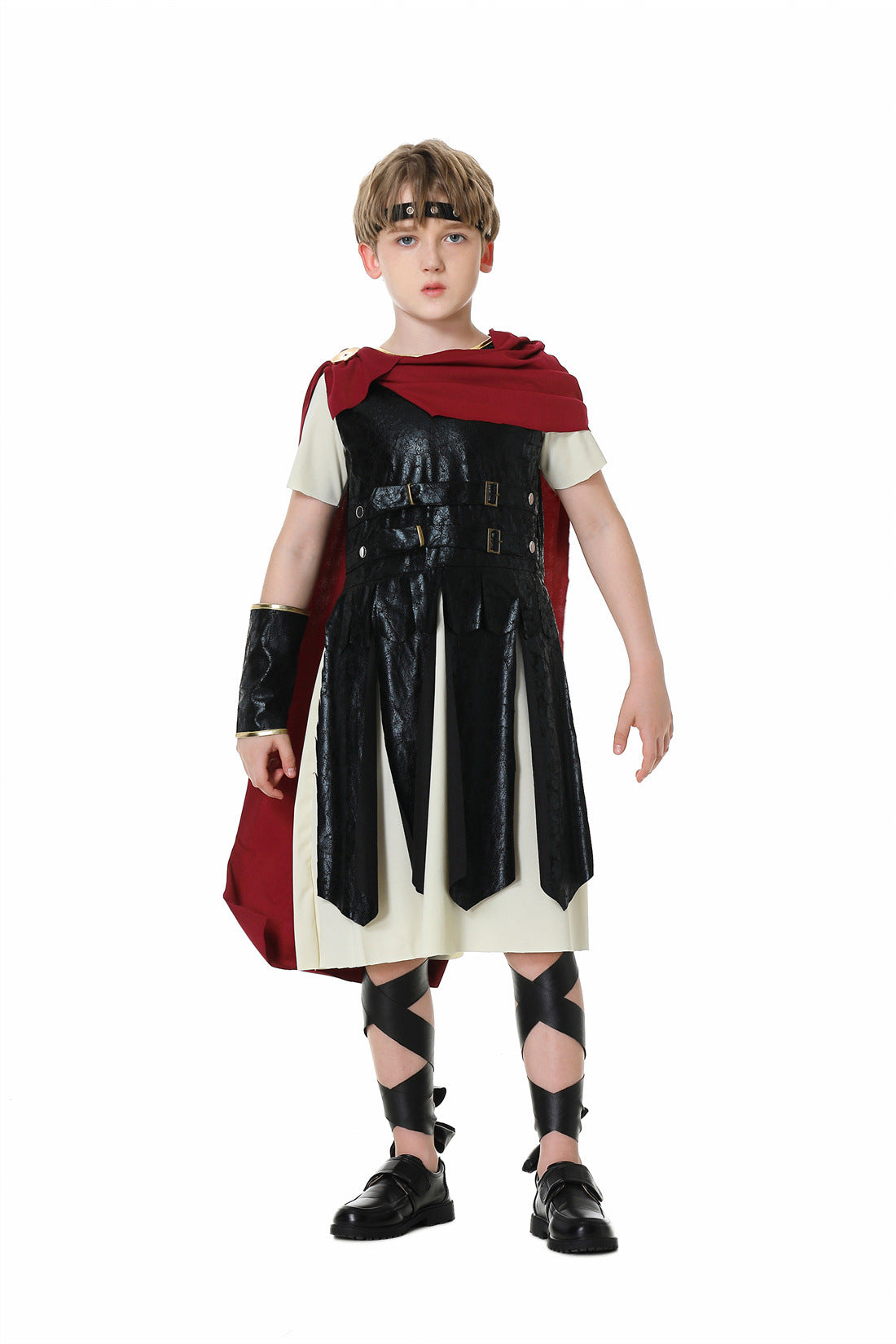 Roman Warrior Samurai Guard Costume for Kids and Adults, front view on a white background