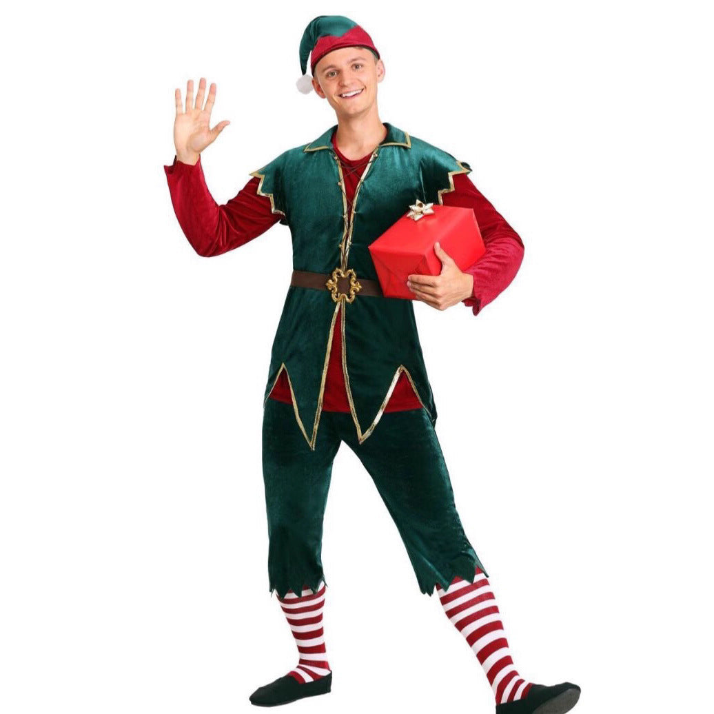 Green Christmas Clown Couple Costume for Kids and Adults, front view on a white background