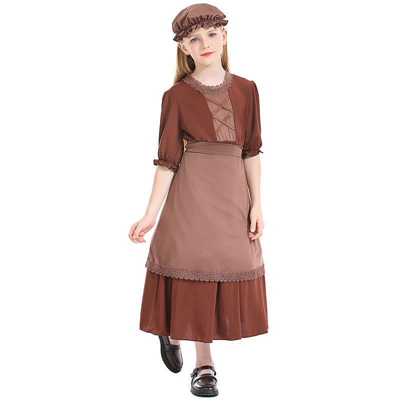 Grandmother's Deep Brown Wolf Cosplay Maid Costume with Lace Trim, Colonial