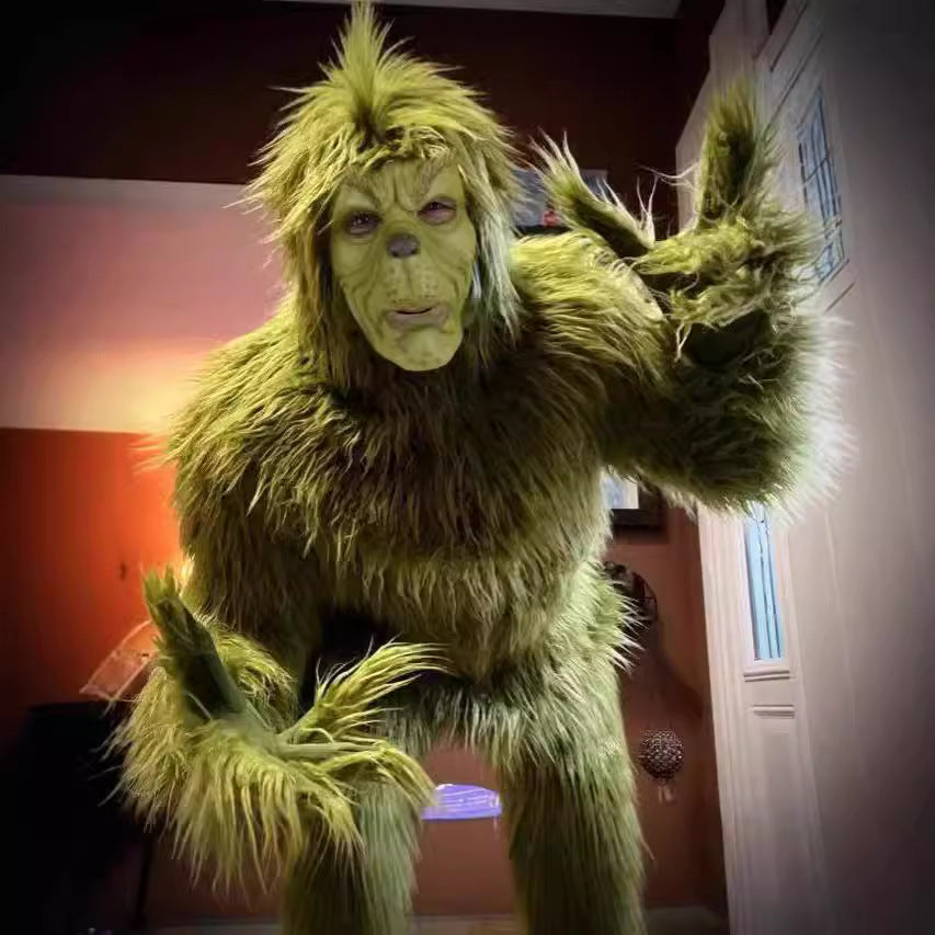 Halloween Green Monster Grinch Cosplay Costume Santa Claus with Furry Pants Outfit Role Play Clothing Wholesale