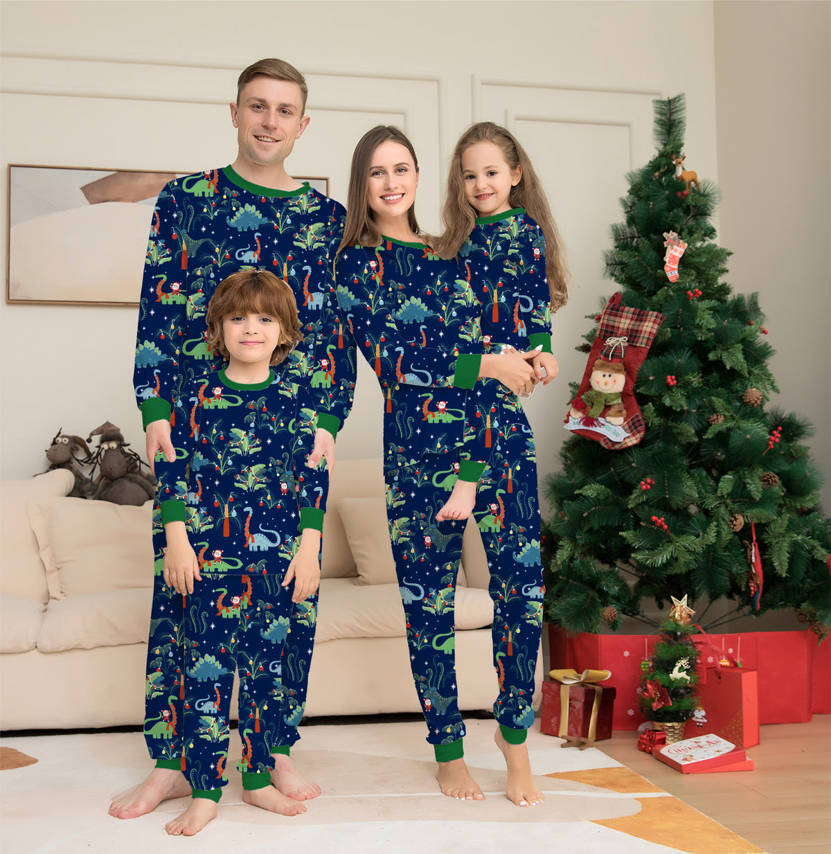 Cotton Printed Family Christmas Pajamas for Kids, Boys and Girls with Dog and Dinosaur Design