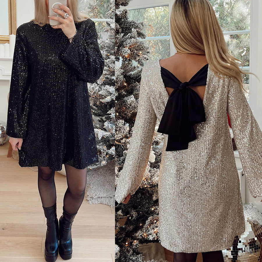 Christmas Party Sequin Dress INS Casual Loose Belted Dress