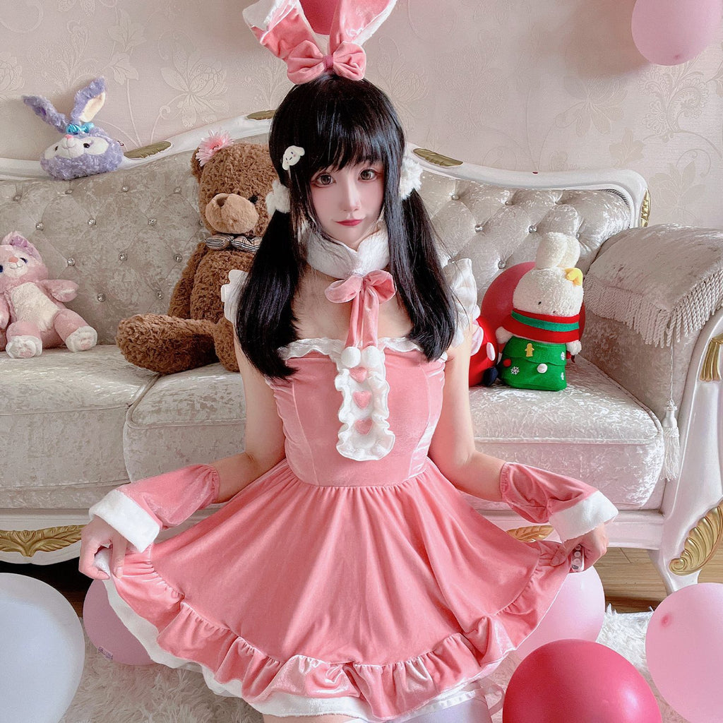 Christmas Pink Sexy Dress Costume for Women, Halloween Cosplay Bunny Costume, TikTok Style