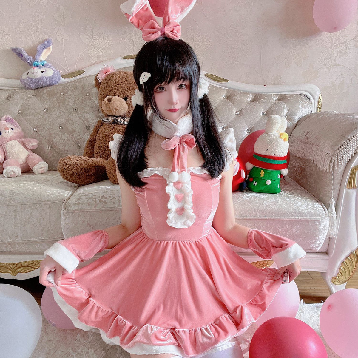 Christmas Pink Sexy Dress Costume for Women, Halloween Cosplay Bunny Costume, TikTok Style