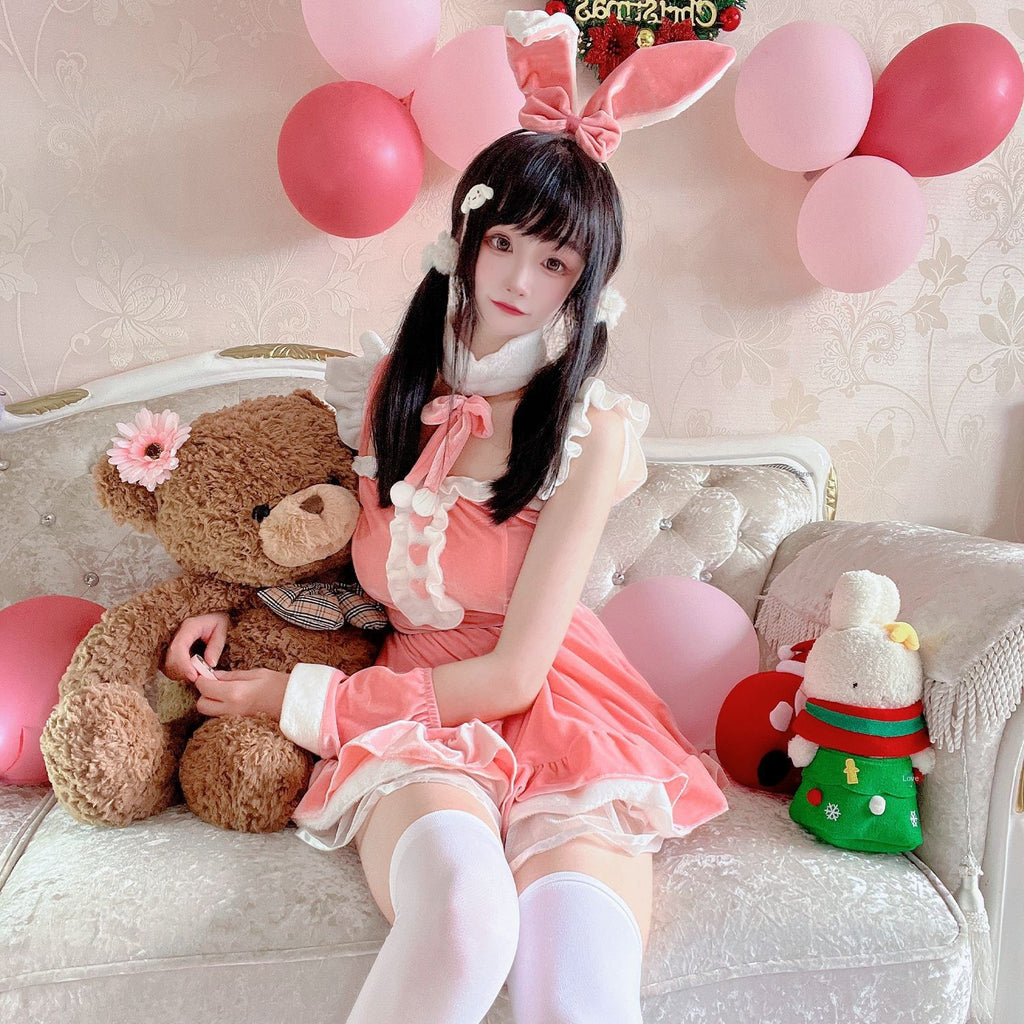 Christmas Pink Sexy Dress Costume for Women, Halloween Cosplay Bunny Costume, TikTok Style