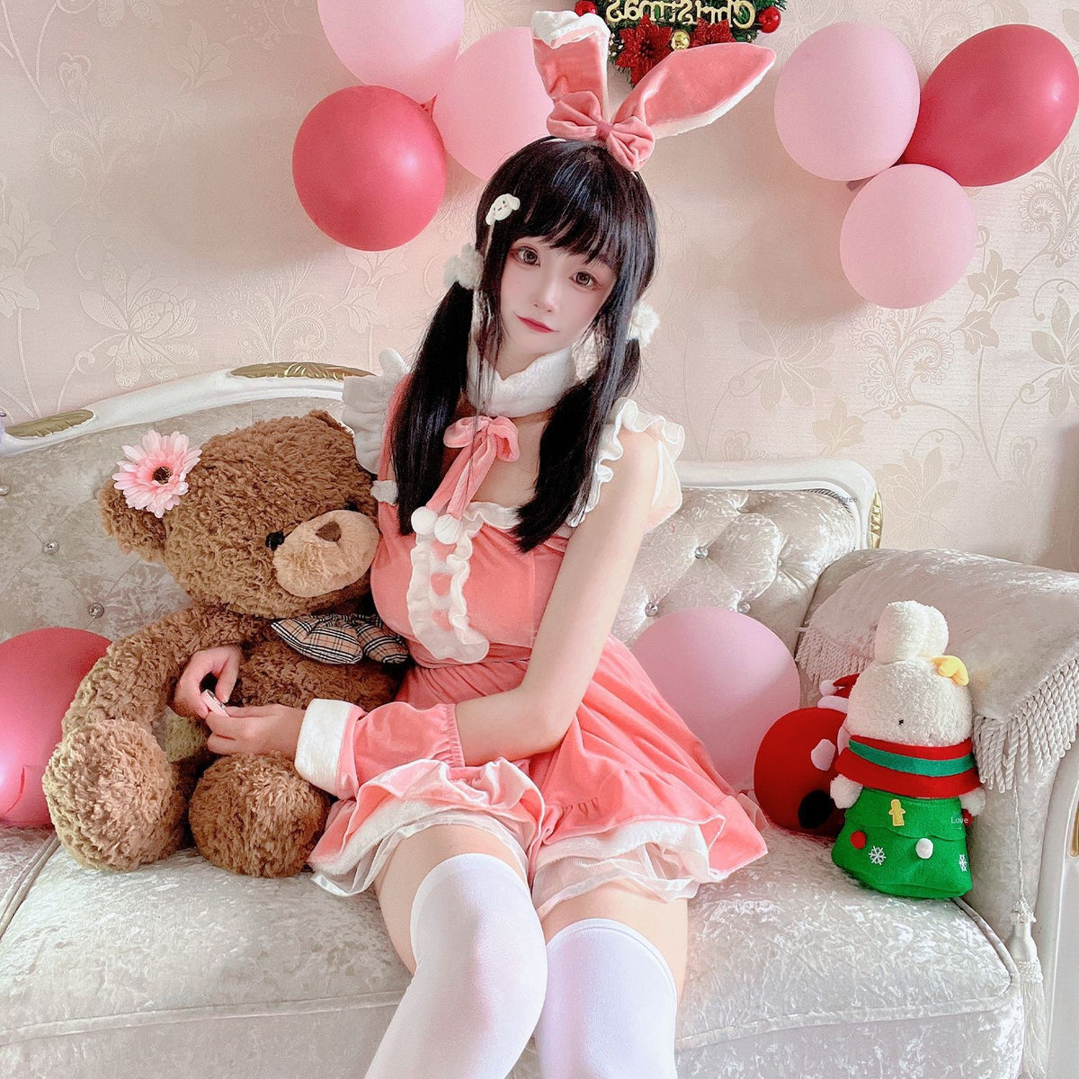 Christmas Pink Sexy Dress Costume for Women, Halloween Cosplay Bunny Costume, TikTok Style