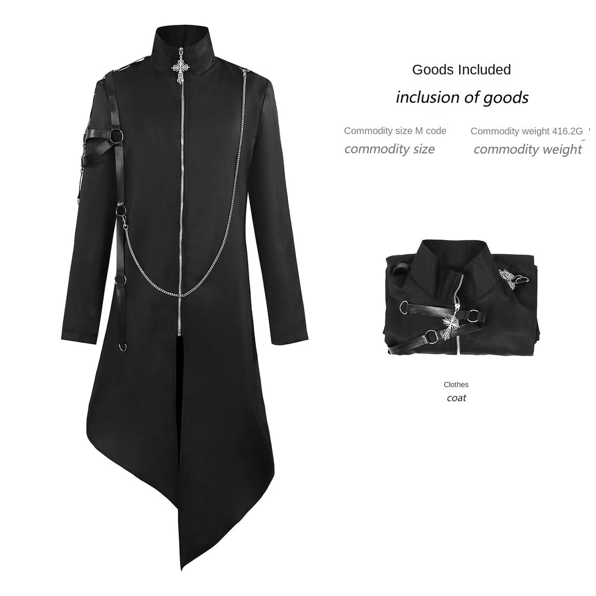 Medieval Renaissance Punk Gothic Long Coat Costume for Adults, product photo 4 on a white background