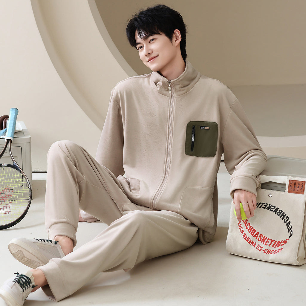 Men's thick and warm standing collar zipper home clothes in pajamas