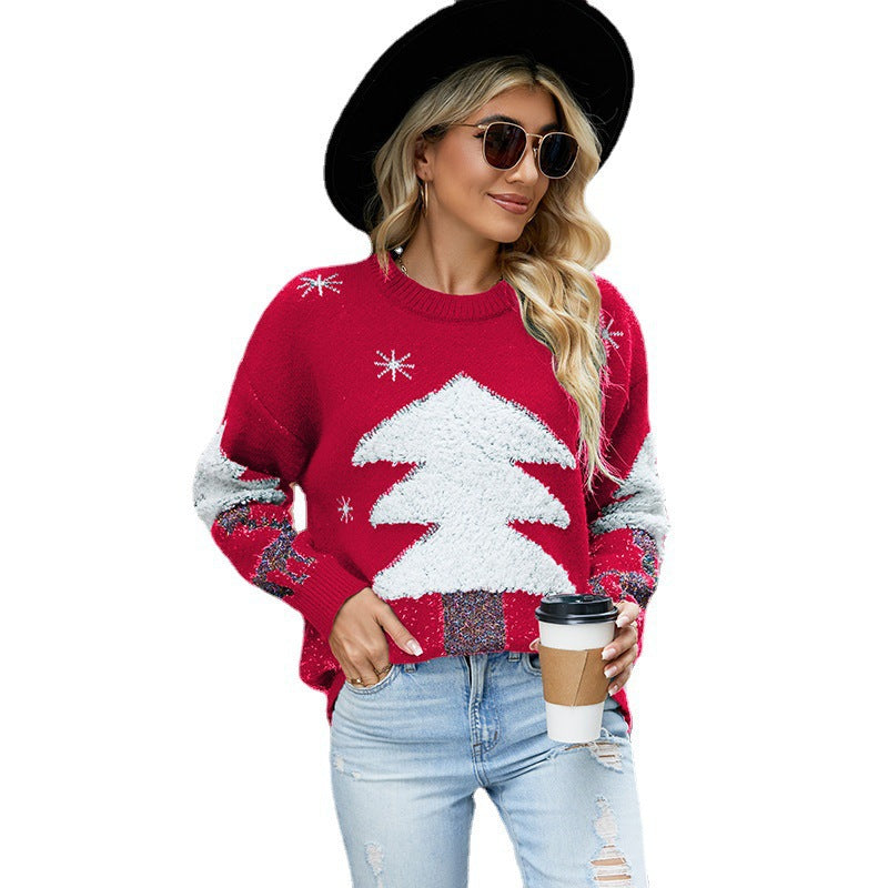 Christmas tree deer jacquard Christmas pullover sweater for women