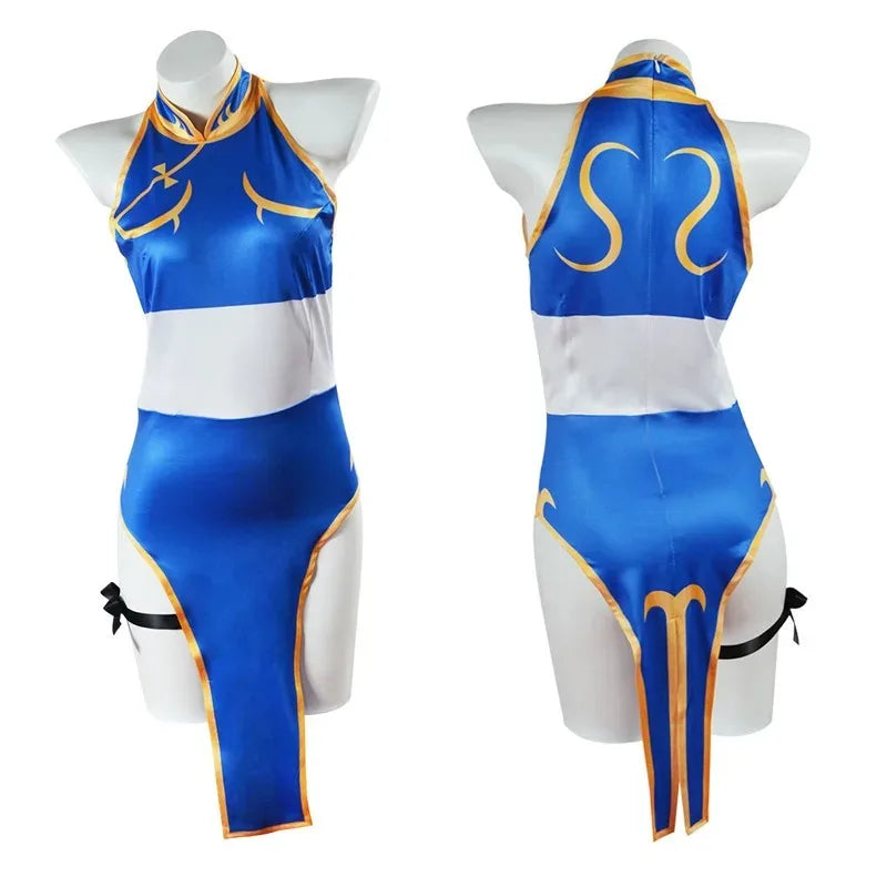 Chun-Li Cosplay Costume Women Blue Cheongsam Dress Street Fighter Halloween