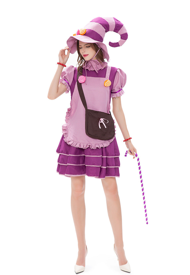 Candy Witch Costume Kids Purple Cake Dress Halloween Cosplay