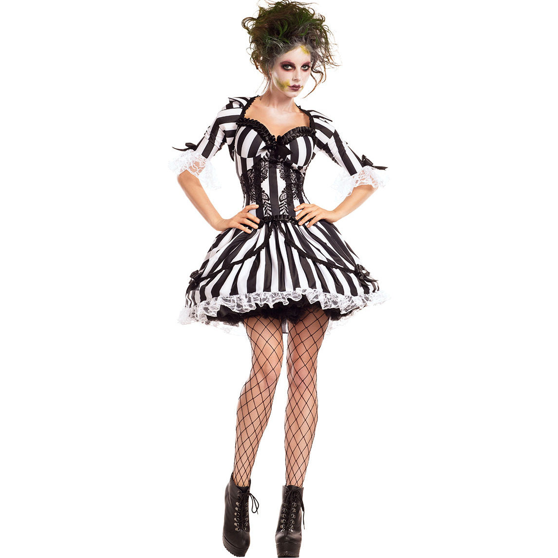Striped Devil Evil Clown Costume for Adults, front view on a white background