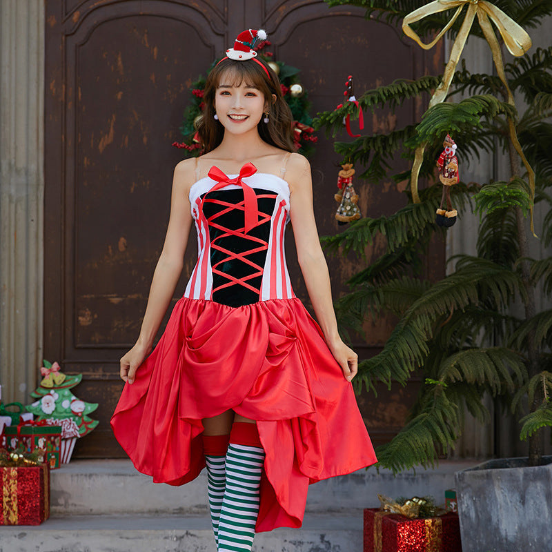 Christmas Cake Dress Costume Red Green Puff Holiday Cosplay Outfit