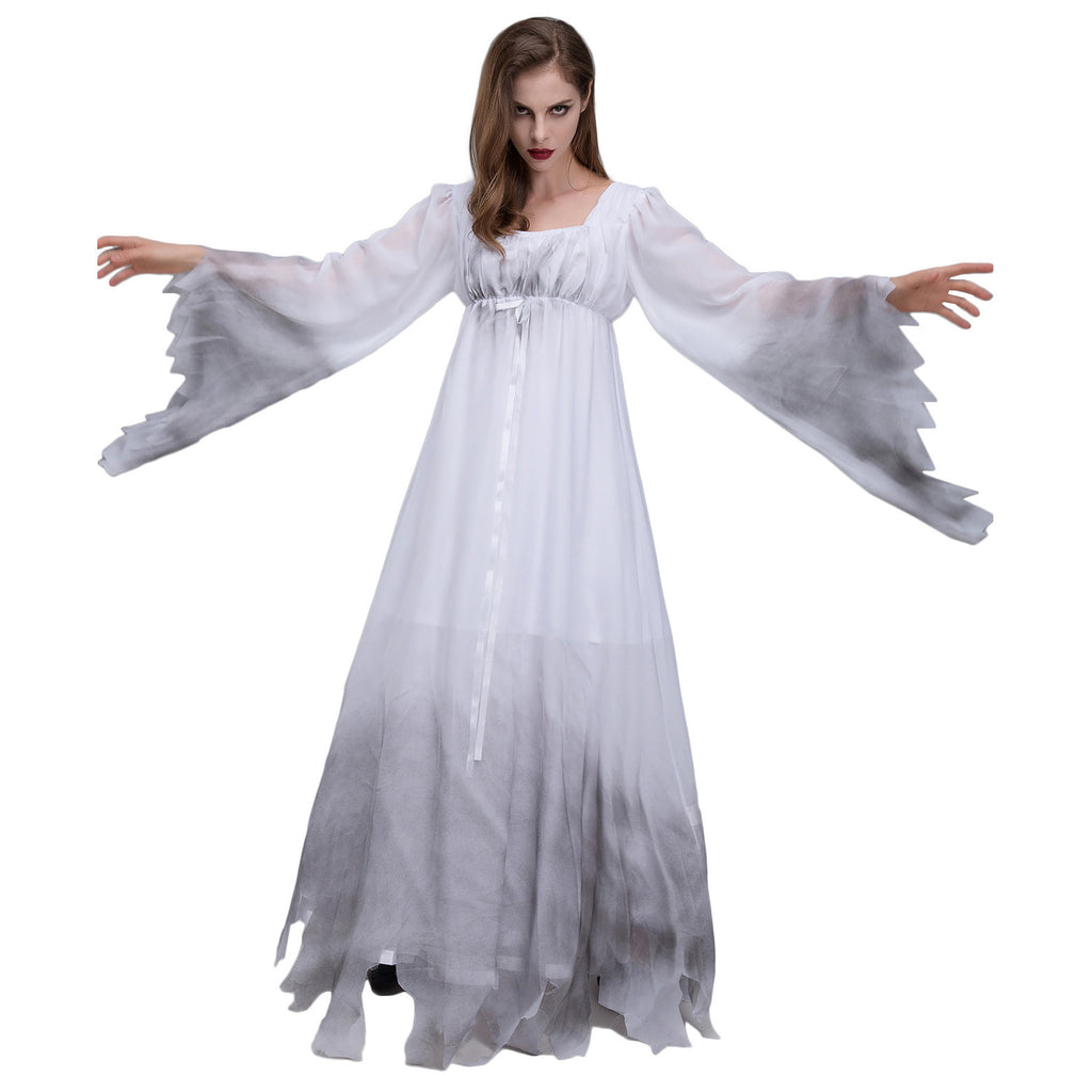 White Ghost Costume for Women, front view on a white background