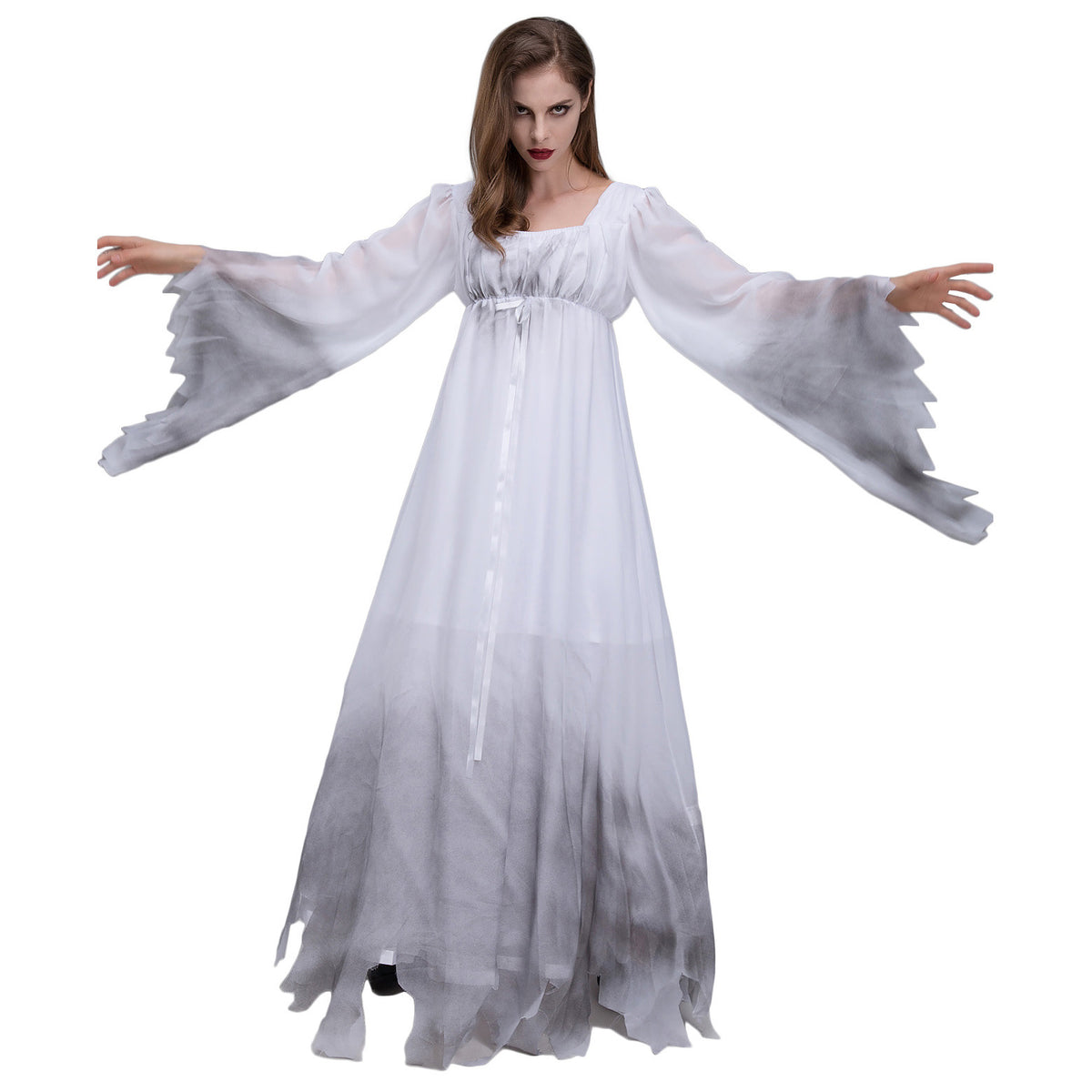 White Ghost Costume for Women, front view on a white background