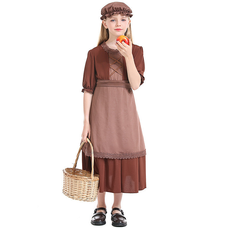 Grandmother's Deep Brown Wolf Cosplay Maid Costume with Lace Trim, Colonial