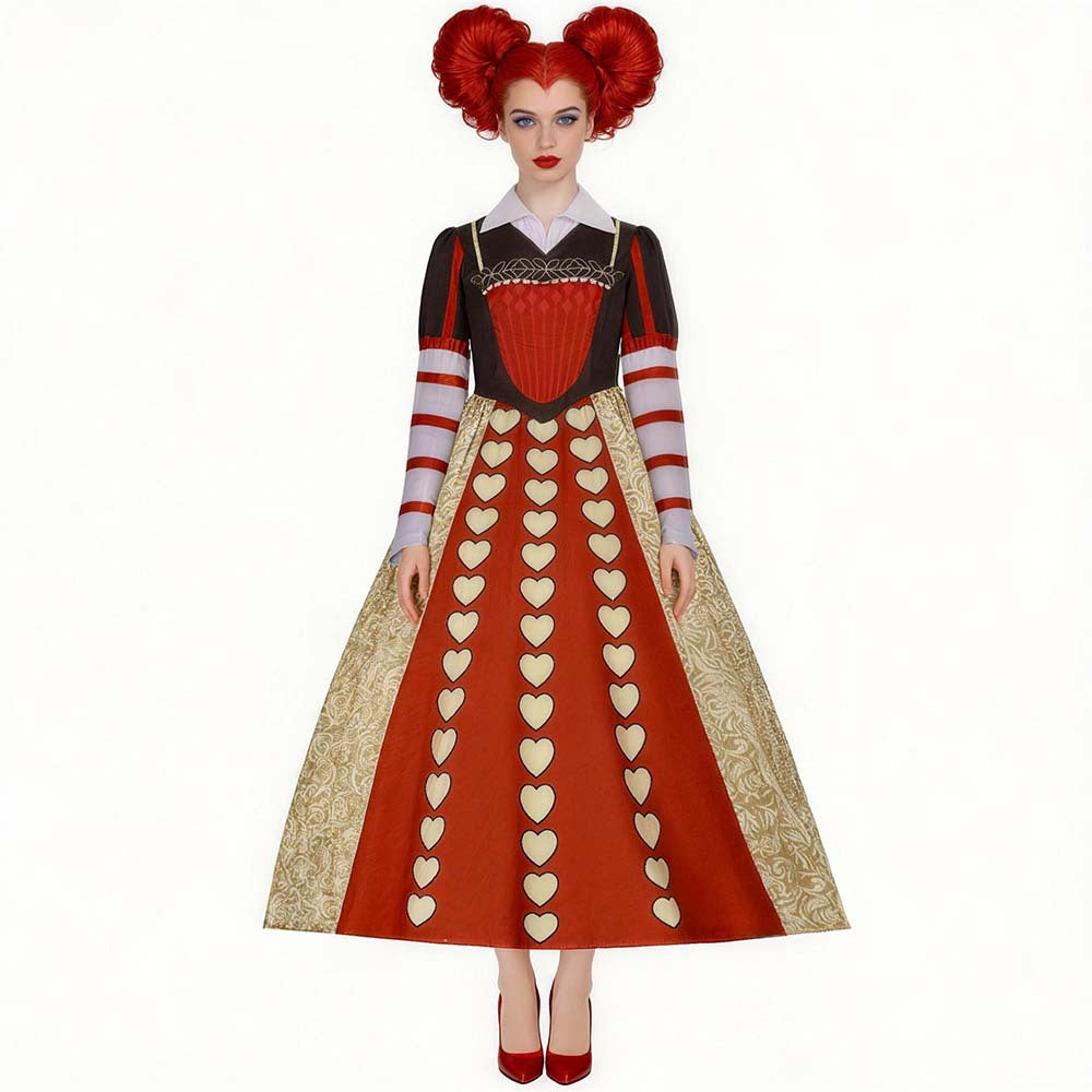Royal Heart Queen Long Dress Costume, front view on a white background