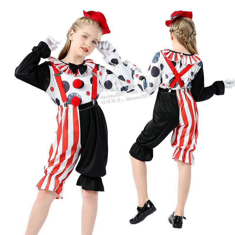 Pirate Circus Clown Costume for Kids, front view on a white background