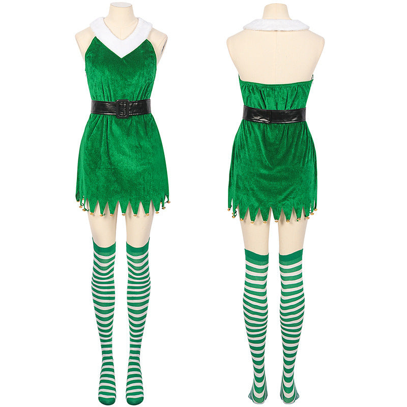 New Christmas Women's Green Bell Christmas Costume Performance Outfit Santa Claus Role-play Off-Shoulder Uniform