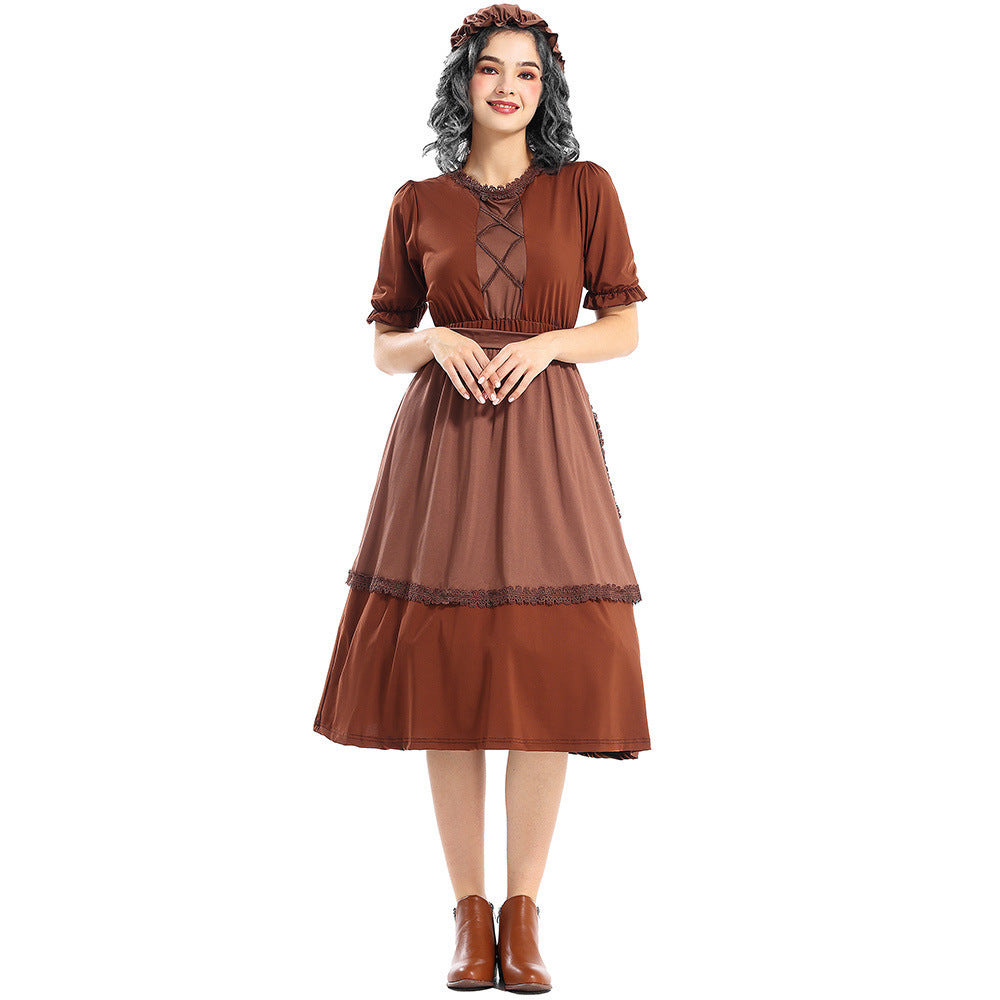 Colonial Pioneer Costume Deep Brown WolfCosplay Granny Maid Outfit with Lace