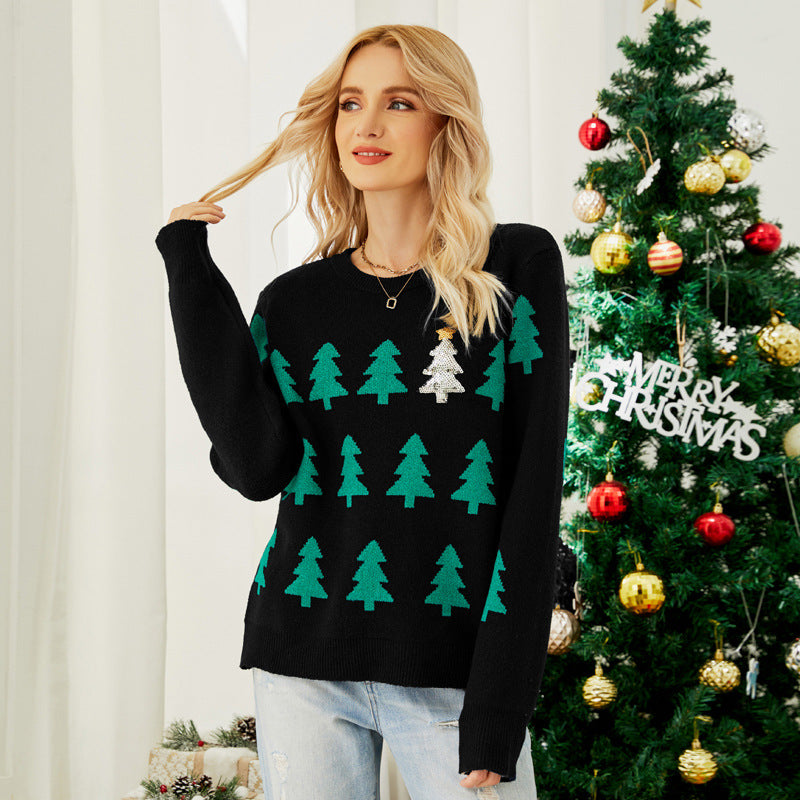 Christmas Tree Knitted Sweater Long Sleeve Red Christmas Sweater