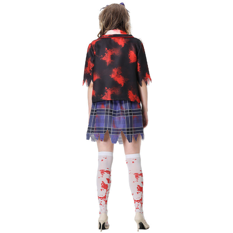 Bloody Vampire Zombie Schoolgirl Costume for Women, product photo 2 on a white background