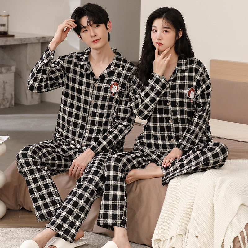 Two piece set of couple pajamas, lapel collar, couple home clothes