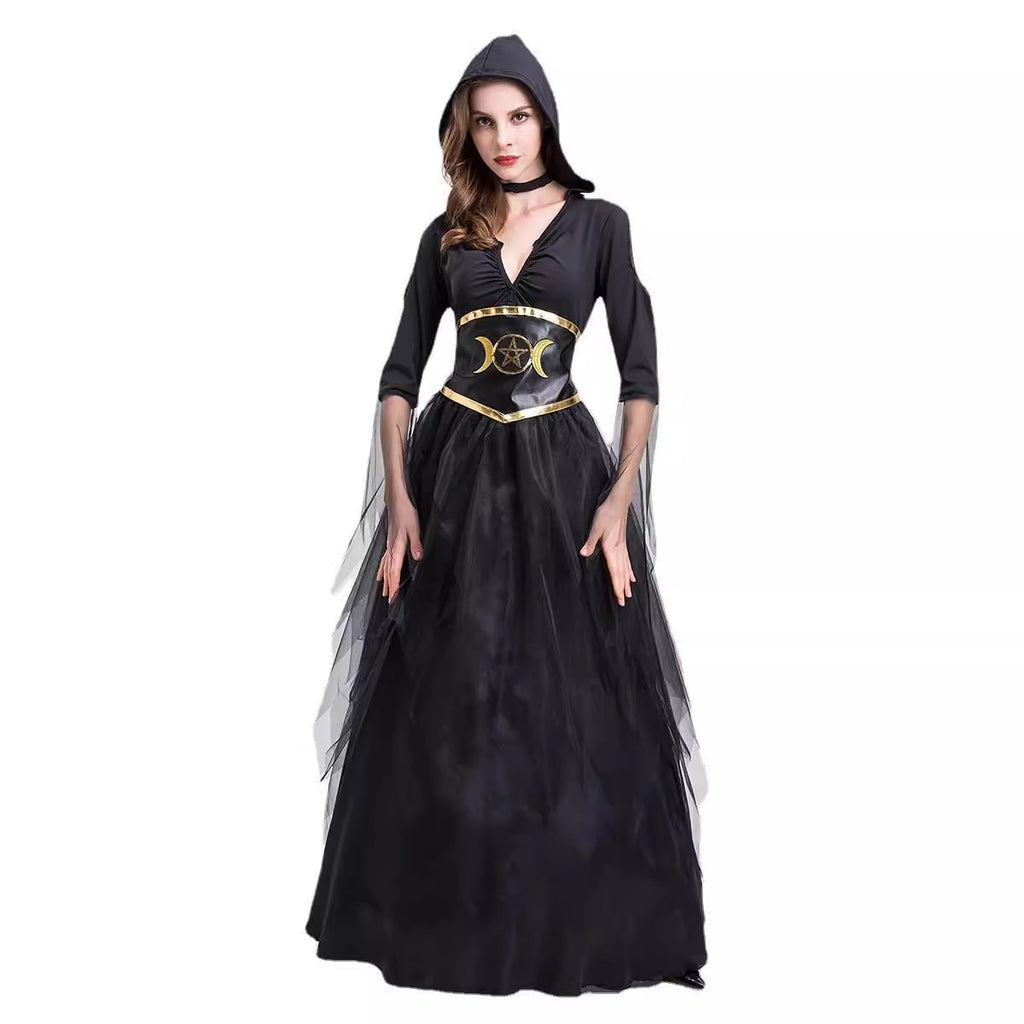 Death Goddess Vampire Witch Costume for Girls, front view on a white background