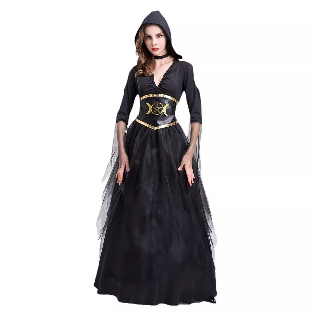 Death Goddess Vampire Witch Costume for Girls, front view on a white background
