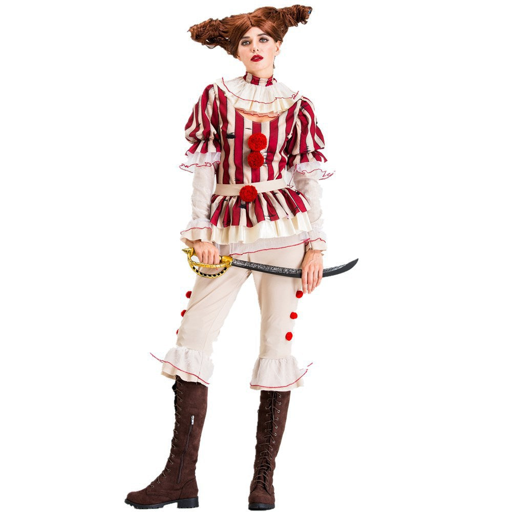 Circus Clown Costume for Women, front view on a white background