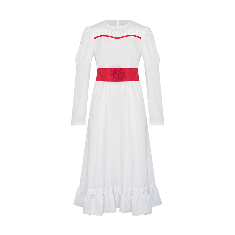 Creepy Ghost Doll Costume for Women, front view on a white background