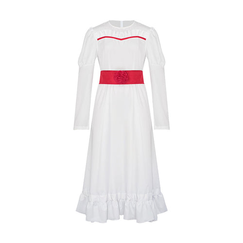 Creepy Ghost Doll Costume for Women, front view on a white background