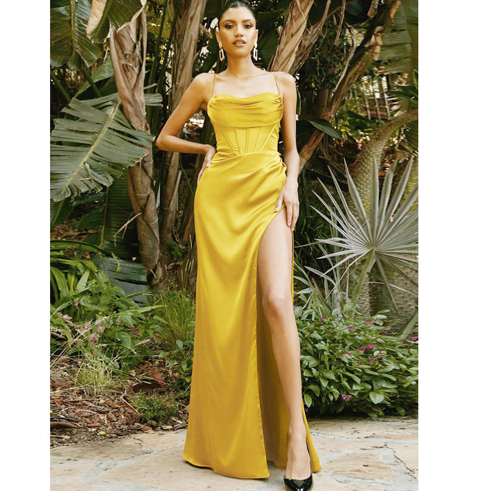 Fitted Evening Dress for Christmas Party High Waist Slit Satin Dress