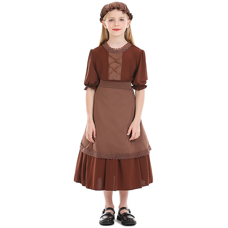 Grandmother's Deep Brown Wolf Cosplay Maid Costume with Lace Trim, Colonial