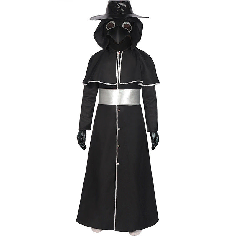 Medieval Steampunk Crow Costume for Adults, front view on a white background