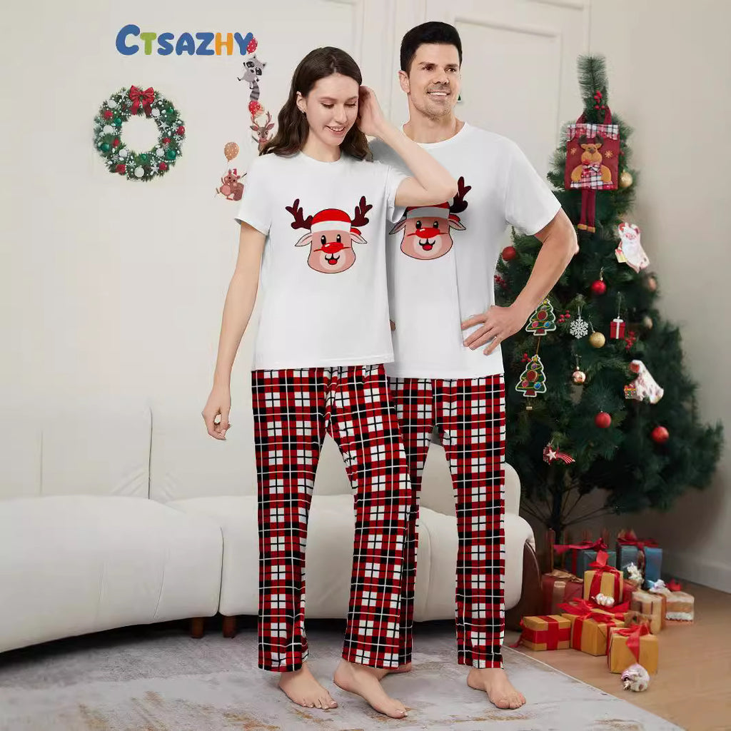 Christmas Deer Plaid Short Sleeve Family Matching Pajamas Sleepwear Set