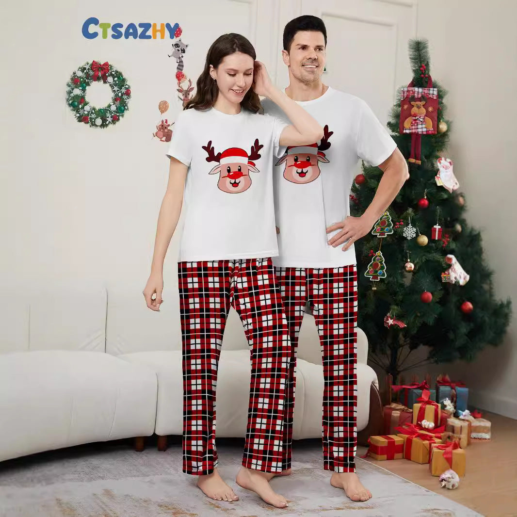 Christmas Deer Plaid Short Sleeve Family Matching Pajamas Sleepwear Set