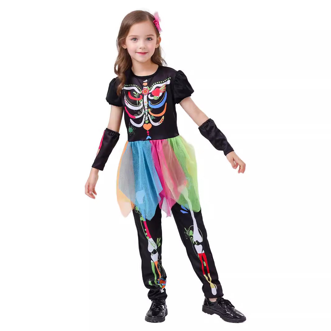 Day of the Dead Skeleton Princess Costume for Girls, product photo 4 on a white background