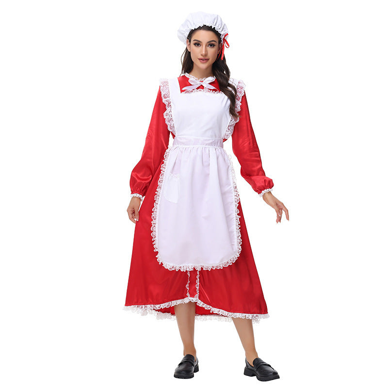 Christmas Maid Costume Women Red Long Dress Holiday Cosplay