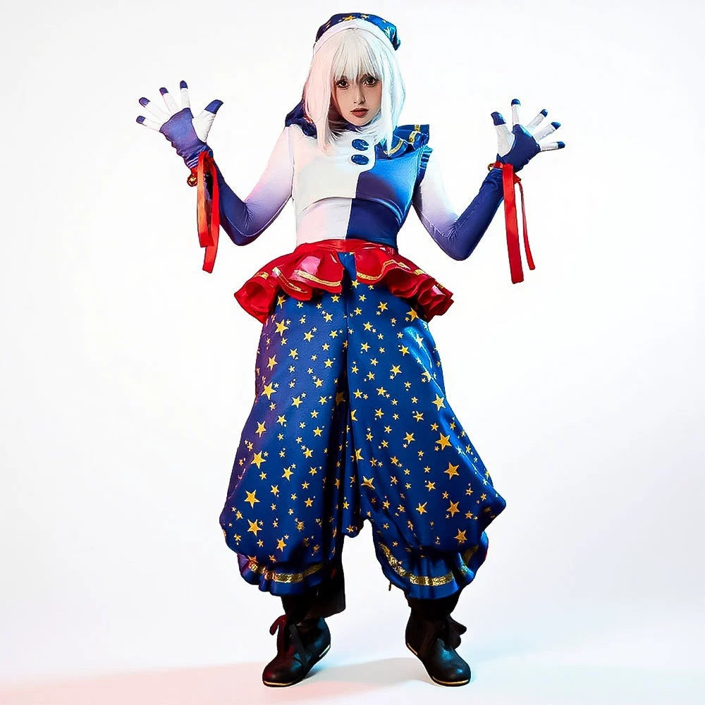Moonlit Villain Clown Costume for Adults, front view on a white background