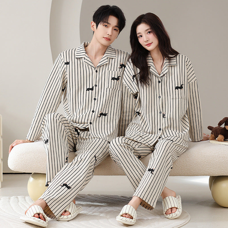 Two piece set of couple pajamas, lapel collar, couple home clothes