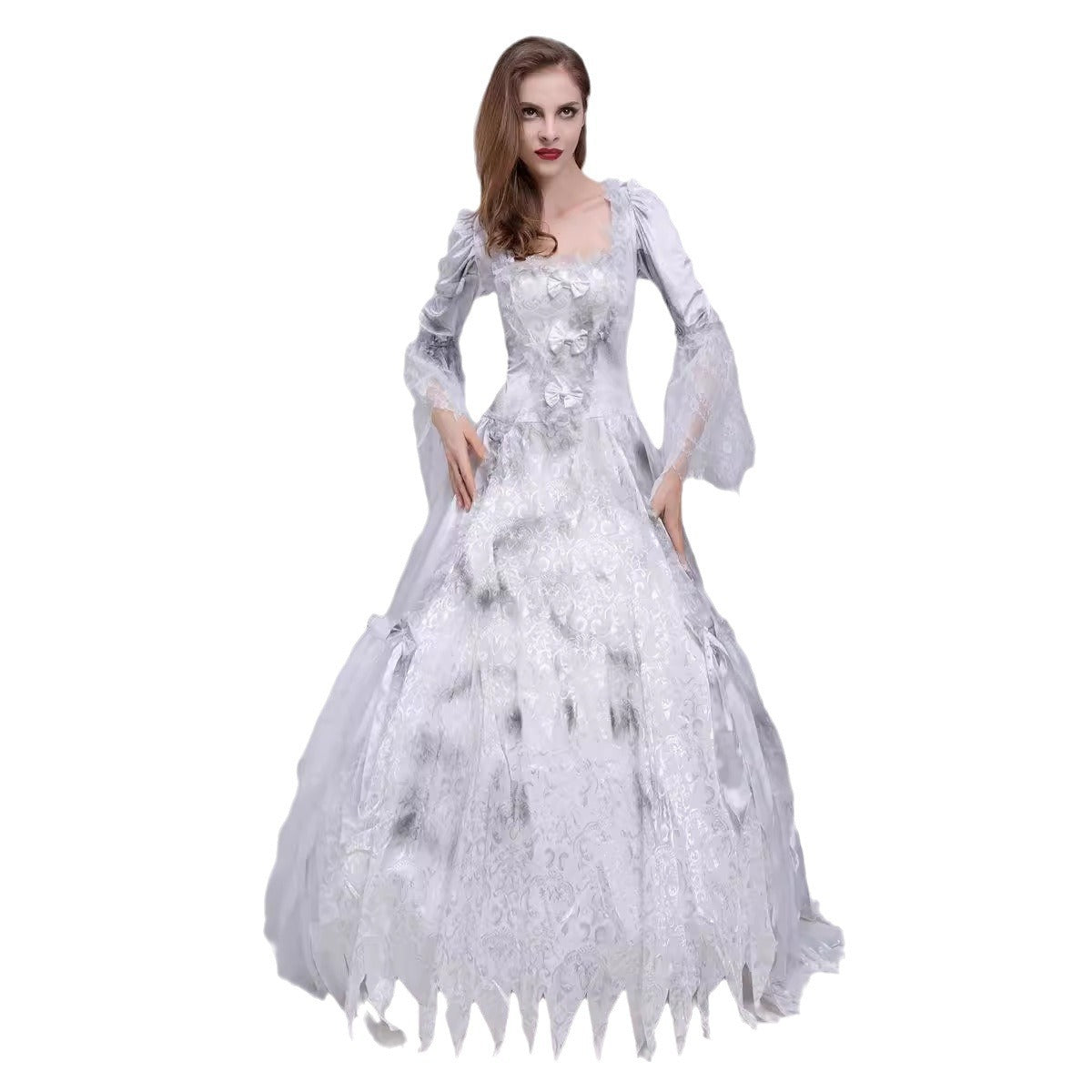 White Ghost Bride Costume for Women, front view on a white background