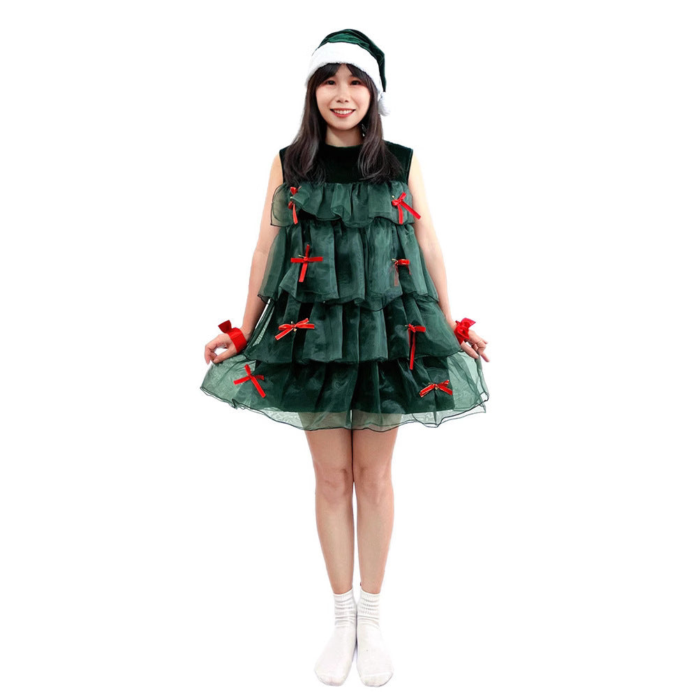 Christmas Sleeveless Green Cake Dress Cosplay Christmas Tree Festival Party Performance Costume Stage Wear for Women